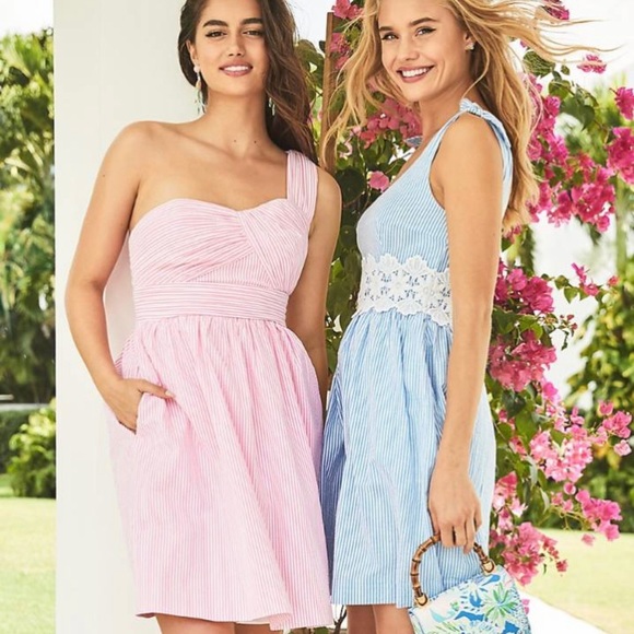 🎀HP🎀 Lilly Pulitzer ADDISON SEERSUCKER one shoulder pink white DRESS 8 NWT - Picture 16 of 16